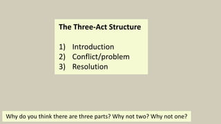 The Three-Act Structure
1) Introduction
2) Conflict/problem
3) Resolution
Why do you think there are three parts? Why not two? Why not one?
 