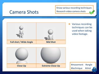 Know various recording techniques
Research video camera shots

Camera Shots

 Various recording

techniques can be
used when taking
video footage.
Full shot / Wide Angle

Mid Shot

Close Up

Extreme Close Up

#movement #angle
#technique #shot

 