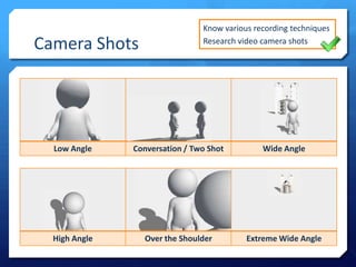 Camera Shots

Know various recording techniques
Research video camera shots

Low Angle

Conversation / Two Shot

Wide Angle

High Angle

Over the Shoulder

Extreme Wide Angle

 