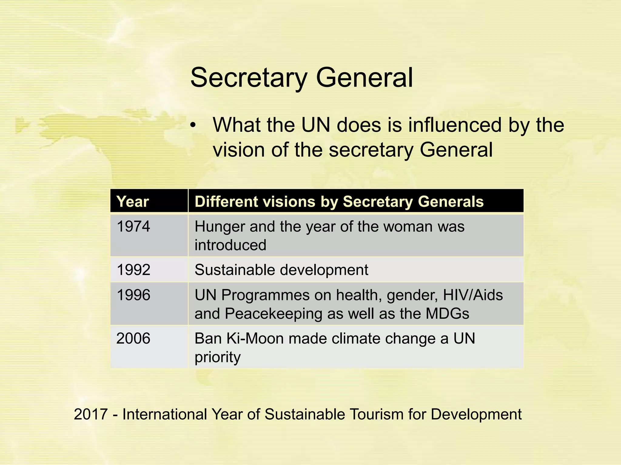 Secretary General
• What the UN does is influenced by the
vision of the secretary General
Year Different visions by Secretary Generals
1974 Hunger and the year of the woman was
introduced
1992 Sustainable development
1996 UN Programmes on health, gender, HIV/Aids
and Peacekeeping as well as the MDGs
2006 Ban Ki-Moon made climate change a UN
priority
2017 - International Year of Sustainable Tourism for Development
 