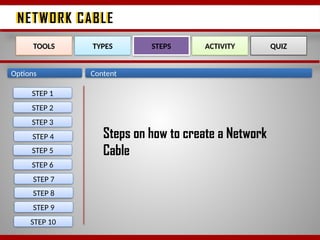 NETWORK CABLE
NETWORK CABLE
Options Content
STEP 1
STEP 2
STEP 3
STEP 4
STEP 5
STEP 6
STEP 7
STEP 8
STEP 9
STEP 10
TOOLS TYPES STEPS ACTIVITY QUIZ
Steps on how to create a Network
Cable
 