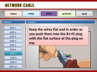 NETWORK CABLE
NETWORK CABLE
Options Content
STEP 7
TOOLS TYPES STEPS ACTIVITY QUIZ
Keep the wires flat and in order as
you push them into the RJ-45 plug
with the flat surface of the plug on
top.
STEP 1
STEP 2
STEP 3
STEP 4
STEP 5
STEP 6
STEP 8
STEP 9
STEP 10
 