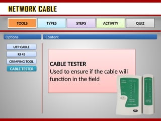 NETWORK CABLE
NETWORK CABLE
Options Content
UTP CABLE
RJ 45
CRIMPING TOOL
CABLE TESTER
TOOLS TYPES STEPS ACTIVITY QUIZ
CABLE TESTER
Used to ensure if the cable will
function in the field
 