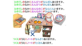 ひきだしのなかにえんぴつがさんぼんあります。
ひきだしのなかにおんなのこがなんにんいますか。
ひきだしのなかにえんぴつがなんぼんありますか。
ひきだしのなかにおんなのこがひとりいます。
つくえのうえにノートがなんさつありますか。
つくえのうえにノートがたくさんあります。
 