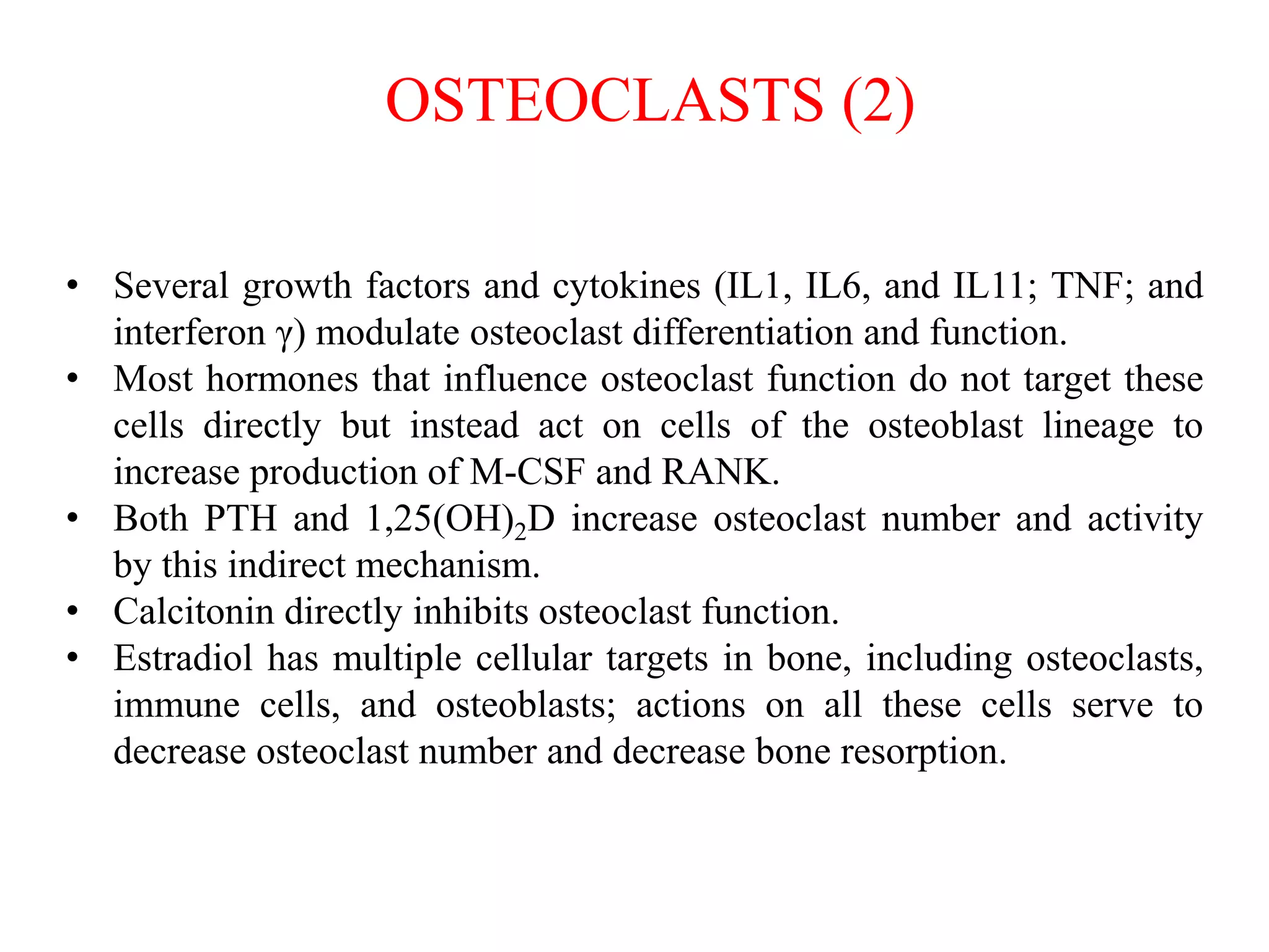 • Several growth factors and cytokines (IL1, IL6, and IL11; TNF; and
interferon γ) modulate osteoclast differentiation and function.
• Most hormones that influence osteoclast function do not target these
cells directly but instead act on cells of the osteoblast lineage to
increase production of M-CSF and RANK.
• Both PTH and 1,25(OH)2D increase osteoclast number and activity
by this indirect mechanism.
• Calcitonin directly inhibits osteoclast function.
• Estradiol has multiple cellular targets in bone, including osteoclasts,
immune cells, and osteoblasts; actions on all these cells serve to
decrease osteoclast number and decrease bone resorption.
OSTEOCLASTS (2)
 