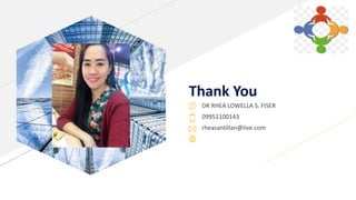 DR RHEA LOWELLA S. FISER
09951100143
rheasantillan@live.com
Thank You
 