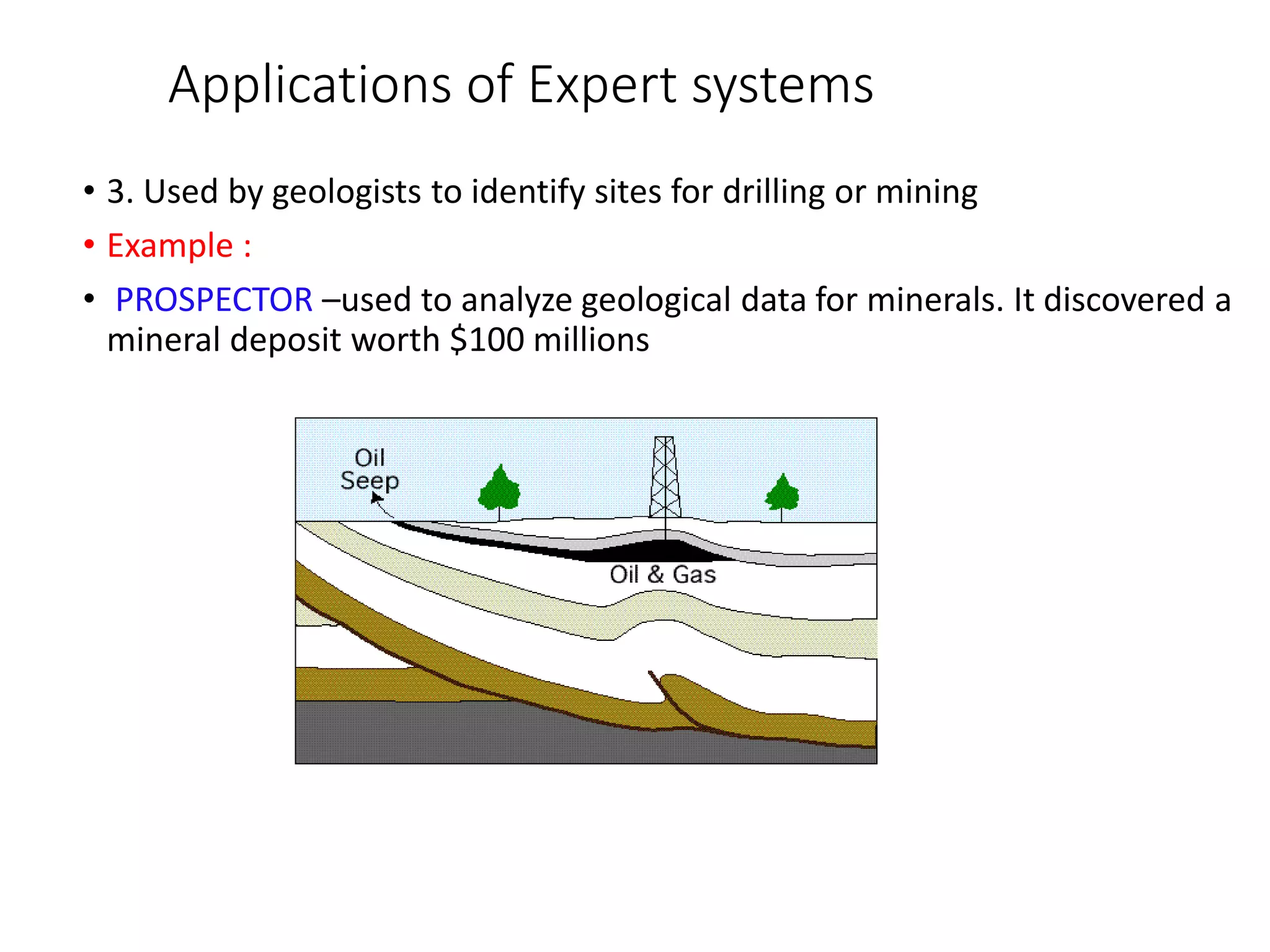 Applications of Expert systems
• 3. Used by geologists to identify sites for drilling or mining
• Example :
• PROSPECTOR –used to analyze geological data for minerals. It discovered a
mineral deposit worth $100 millions
 