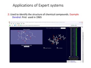 Applications of Expert systems
2: Used to identify the structure of chemical compounds. Example
Dendral: First used in 1965
 