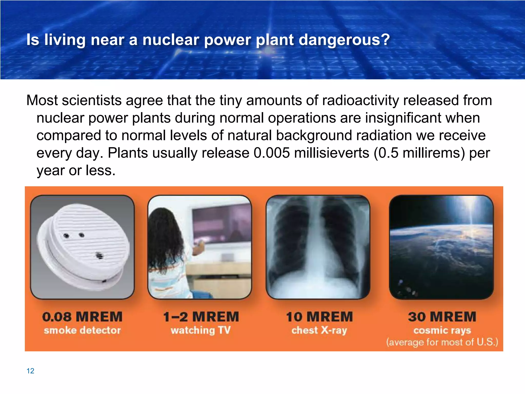 Is living near a nuclear power plant dangerous?
Most scientists agree that the tiny amounts of radioactivity released from
nuclear power plants during normal operations are insignificant when
compared to normal levels of natural background radiation we receive
every day. Plants usually release 0.005 millisieverts (0.5 millirems) per
year or less.
12
 