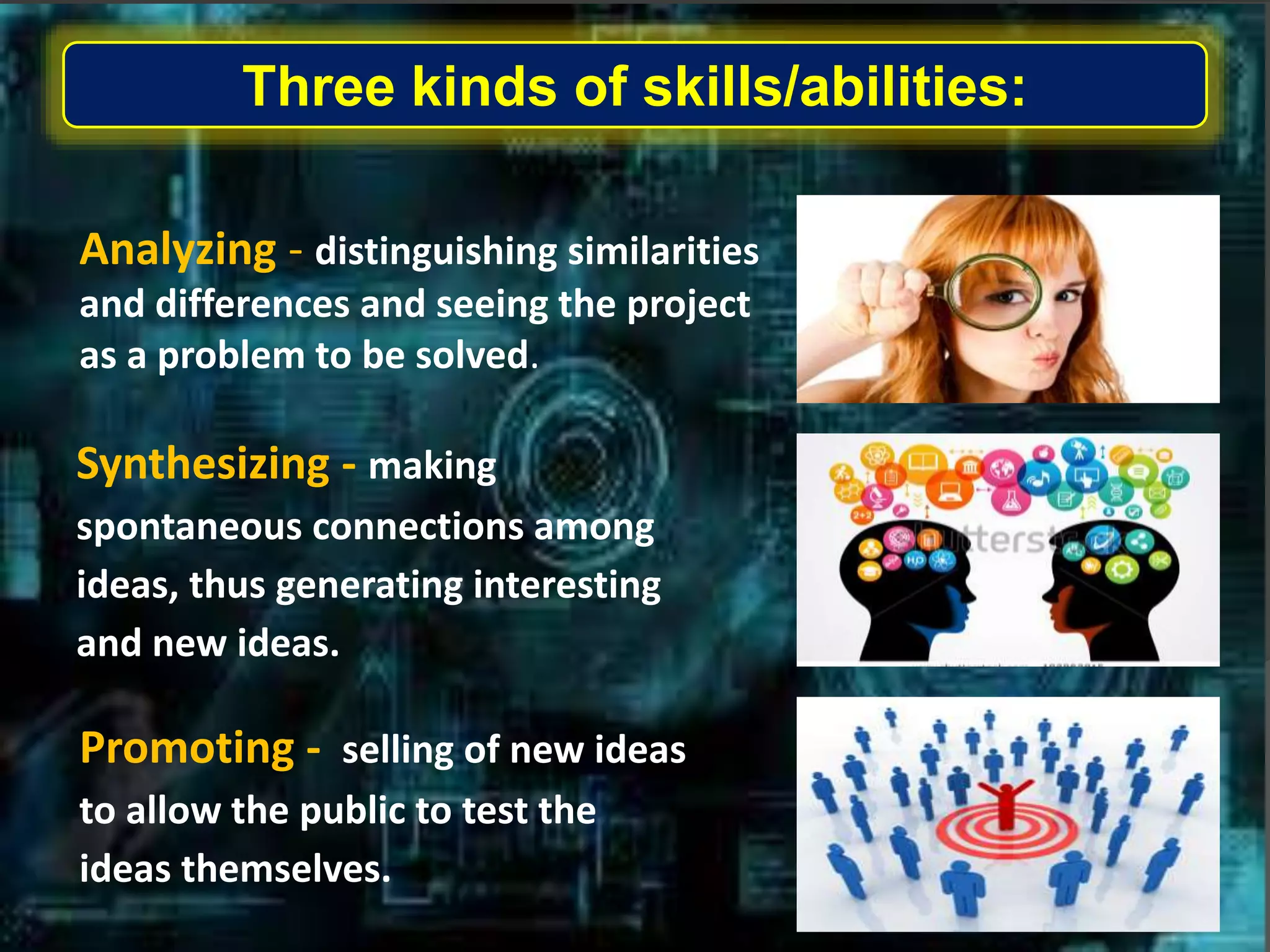 Three kinds of skills/abilities:
Analyzing - distinguishing similarities
and differences and seeing the project
as a problem to be solved.
Synthesizing - making
spontaneous connections among
ideas, thus generating interesting
and new ideas.
Promoting - selling of new ideas
to allow the public to test the
ideas themselves.
 