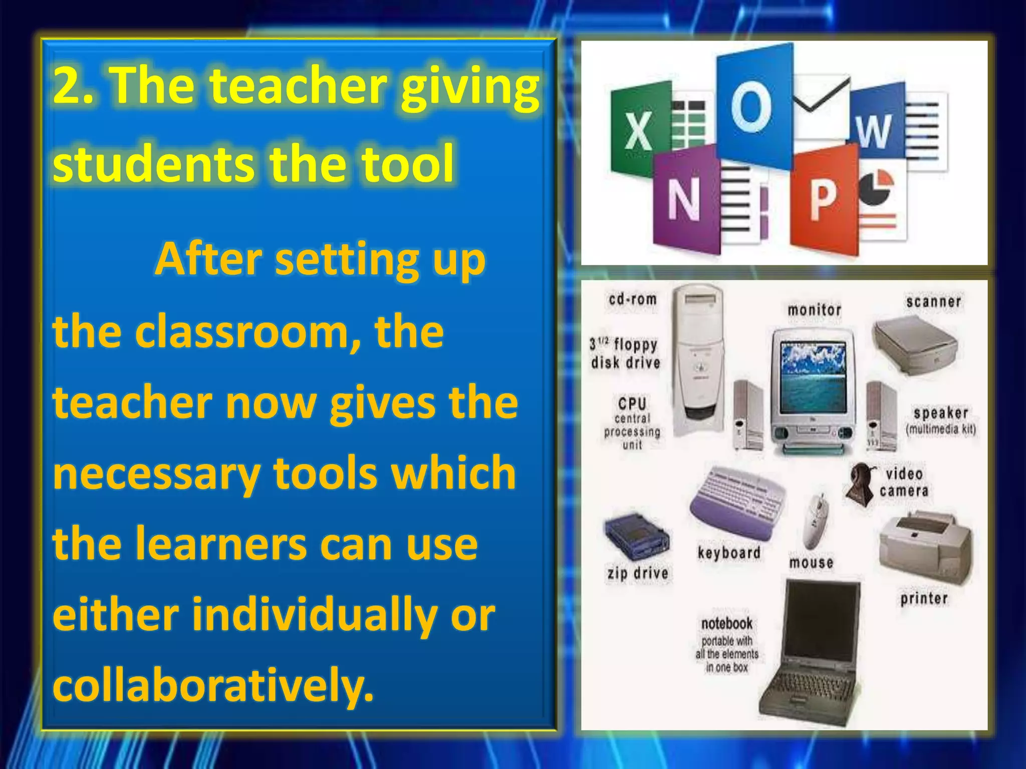 2. The teacher giving
students the tool
After setting up
the classroom, the
teacher now gives the
necessary tools which
the learners can use
either individually or
collaboratively.
 