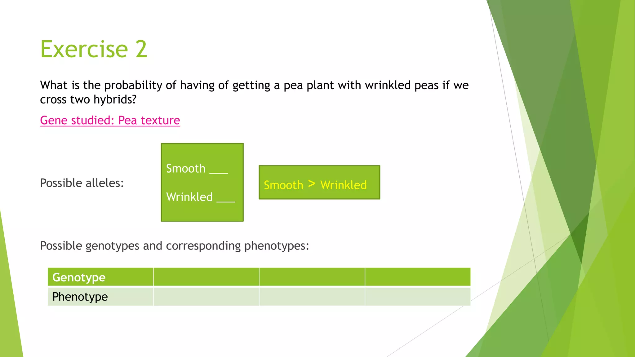 Exercise 2
What is the probability of having of getting a pea plant with wrinkled peas if we
cross two hybrids?
Gene studied: Pea texture
Possible alleles:
Possible genotypes and corresponding phenotypes:
Smooth ___
Wrinkled ___
Smooth > Wrinkled
Genotype
Phenotype
 
