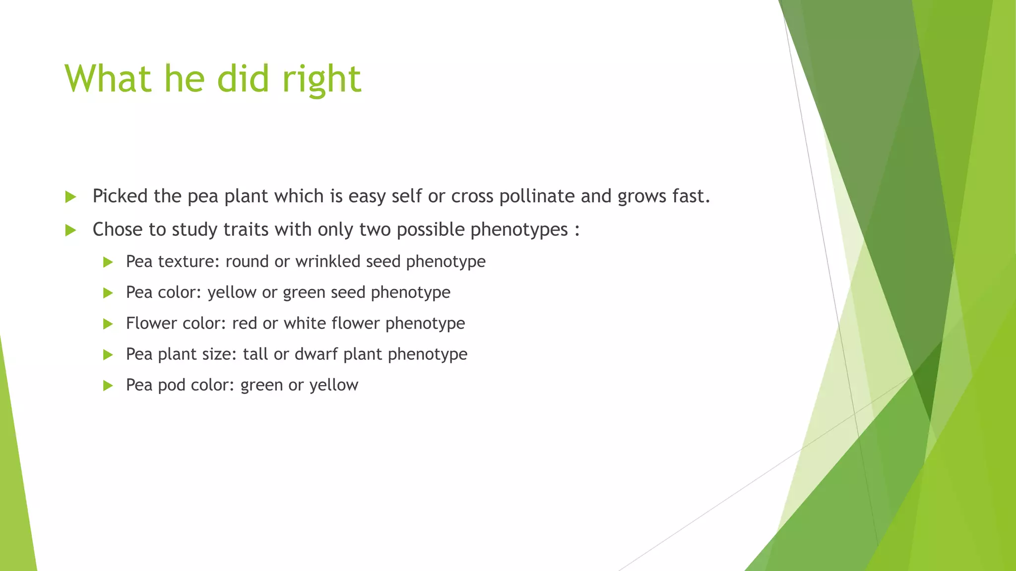 What he did right
 Picked the pea plant which is easy self or cross pollinate and grows fast.
 Chose to study traits with only two possible phenotypes :
 Pea texture: round or wrinkled seed phenotype
 Pea color: yellow or green seed phenotype
 Flower color: red or white flower phenotype
 Pea plant size: tall or dwarf plant phenotype
 Pea pod color: green or yellow
 