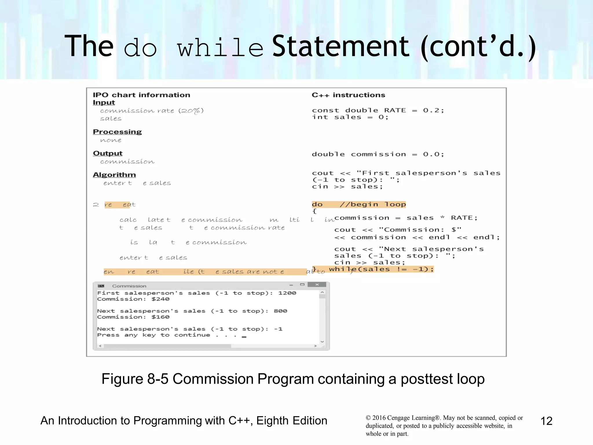 Figure 8-5 Commission Program containing a posttest loop
The do while Statement (cont’d.)
© 2016 Cengage Learning®. May not be scanned, copied or
duplicated, or posted to a publicly accessible website, in
whole or in part.
An Introduction to Programming with C++, Eighth Edition 12
 
