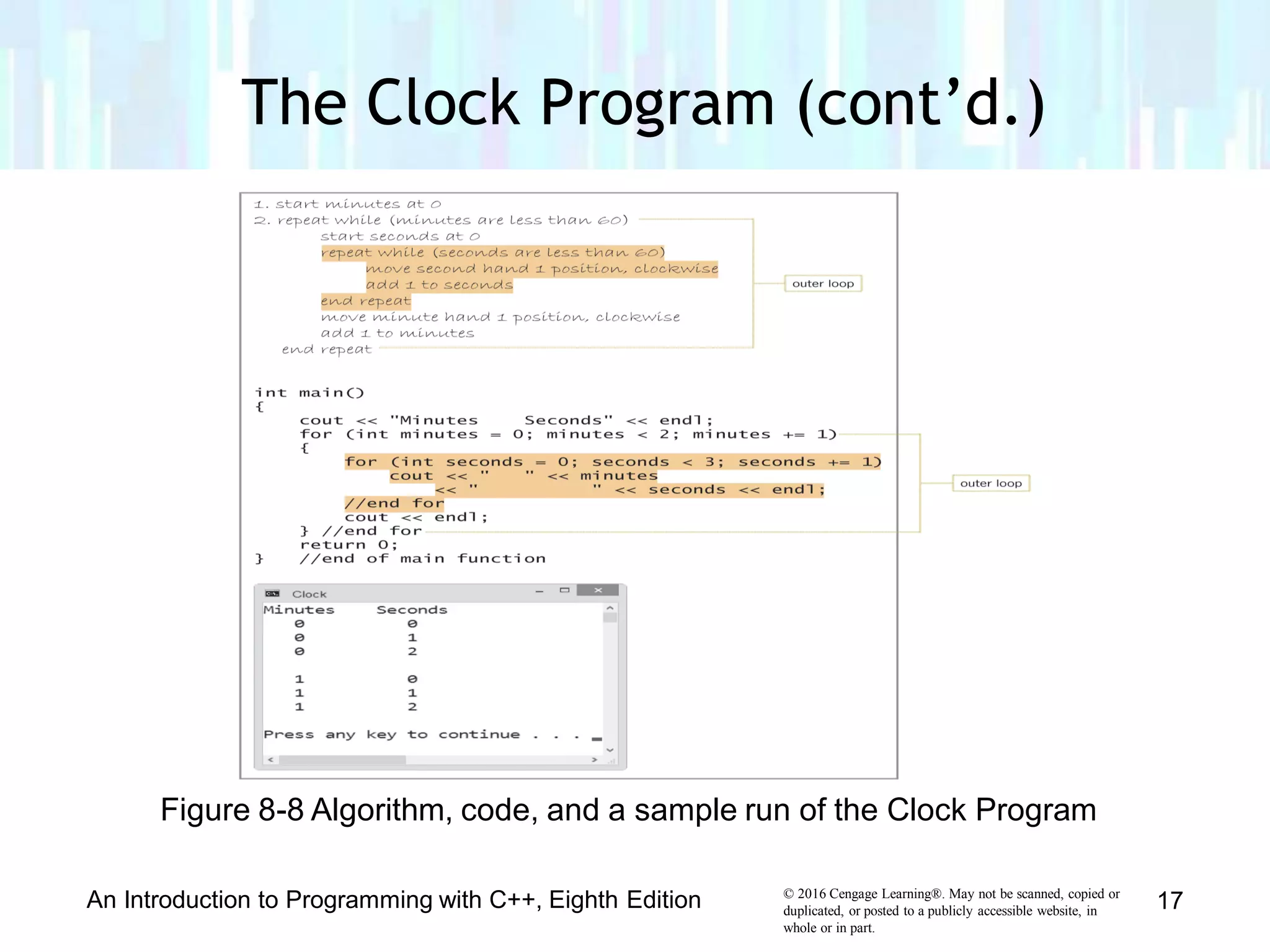 The Clock Program (cont’d.)
Figure 8-8 Algorithm, code, and a sample run of the Clock Program
© 2016 Cengage Learning®. May not be scanned, copied or
duplicated, or posted to a publicly accessible website, in
whole or in part.
An Introduction to Programming with C++, Eighth Edition 17
 