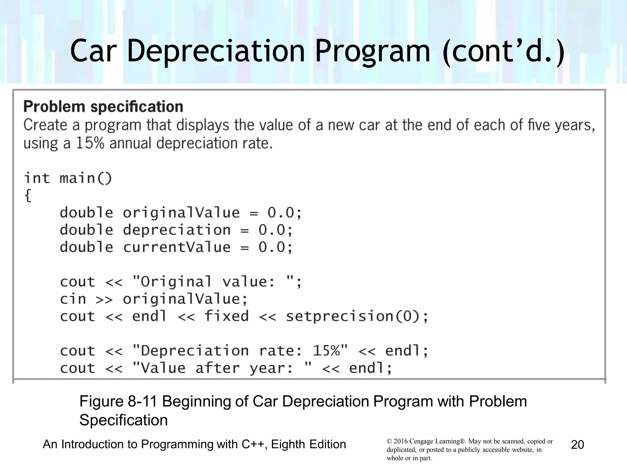 Car Depreciation Program (cont’d.)
Figure 8-11 Beginning of Car Depreciation Program with Problem
Specification
© 2016 Cengage Learning®. May not be scanned, copied or
duplicated, or posted to a publicly accessible website, in
whole or in part.
An Introduction to Programming with C++, Eighth Edition 20
 
