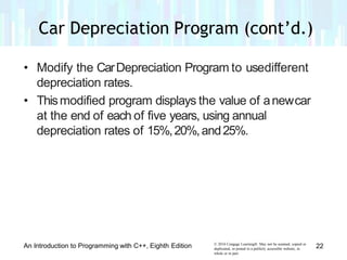 • Modify the CarDepreciation Program to usedifferent
depreciation rates.
• Thismodified program displays the value of anewcar
at the end of each of five years, using annual
depreciation rates of 15%,20%,and25%.
© 2016 Cengage Learning®. May not be scanned, copied or
duplicated, or posted to a publicly accessible website, in
whole or in part.
An Introduction to Programming with C++, Eighth Edition 22
Car Depreciation Program (cont’d.)
 