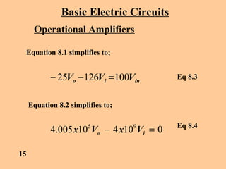 Basic Electric Circuits
Operational Amplifiers
Equation 8.1 simplifies to;
inio VVV 10012625 =−− Eq 8.3
Equation 8.2 simplifies to;
010410005.4 95
=− io VxVx Eq 8.4
15
 