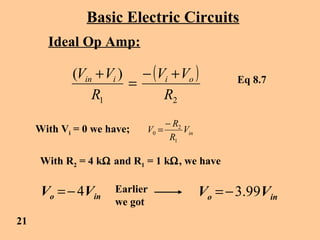 Basic Electric Circuits
Ideal Op Amp:
( )
21
)(
R
VV
R
VV oiiin +−
=
+
With Vi = 0 we have;
With R2 = 4 kΩ and R1 = 1 kΩ, we have
ino VV 4−= Earlier
we got
ino VV 99.3−=
21
Eq 8.7
inV
R
R
V
1
2
0
−
=
 