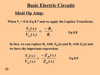 Basic Electric Circuits
Ideal Op Amp:
When Vi = 0 in Eq 8.7 and we apply the Laplace Transform;
1
20
R
R
)s(V
)s(V
in
−
= Eq 8.8
In fact, we can replace R2 with Zfb(s) and R1 with Z1(s) and
we have the important expression;
)s(Z
)s(Z
)s(V
)s(V
in
fb
in
−
=0
Eq 8.9
22
 
