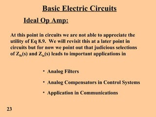 Basic Electric Circuits
Ideal Op Amp:
At this point in circuits we are not able to appreciate the
utility of Eq 8.9. We will revisit this at a later point in
circuits but for now we point out that judicious selections
of Zfb(s) and Zin(s) leads to important applications in
• Analog Filters
• Analog Compensators in Control Systems
• Application in Communications
23
 