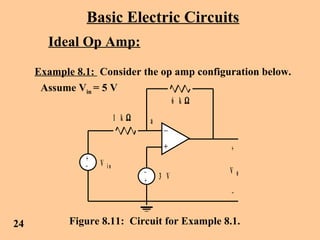 Basic Electric Circuits
Ideal Op Amp:
Example 8.1: Consider the op amp configuration below.
+
+
+
_
_
_
3 V
V i n
6 k Ω
1 k Ω
V 0
a
Figure 8.11: Circuit for Example 8.1.24
Assume Vin = 5 V
 