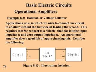Basic Electric Circuits
Operational Amplifiers
Example 8.3: Isolation or Voltage Follower.
Applications arise in which we wish to connect one circuit
to another without the first circuit loading the second. This
requires that we connect to a “block” that has infinite input
impedance and zero output impedance. An operational
amplifier does a good job of approximating this. Consider
the following:
T h e
" B lo c k "
C ir c u it 1 C ir c u it 2
+
_
+
_
V i n V o u t
Figure 8.13: Illustrating Isolation.28
 