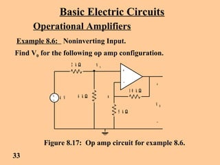 Basic Electric Circuits
Operational Amplifiers
Example 8.6: Noninverting Input.
Find V0 for the following op amp configuration.
+
_
+
+
_
_ 4 V
2 k Ω
6 k Ω
5 k Ω
1 0 k Ω
V 0
a
V x
•
Figure 8.17: Op amp circuit for example 8.6.
33
 