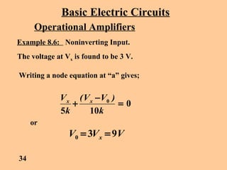 Basic Electric Circuits
Operational Amplifiers
Example 8.6: Noninverting Input.
The voltage at Vx is found to be 3 V.
Writing a node equation at “a” gives;
0
105
0
=
−
+
k
)VV(
k
V xx
or
VVV x 930 ==
34
 