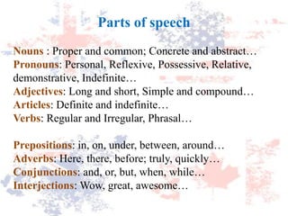 Parts of speech
Nouns : Proper and common; Concrete and abstract…
Pronouns: Personal, Reflexive, Possessive, Relative,
demonstrative, Indefinite…
Adjectives: Long and short, Simple and compound…
Articles: Definite and indefinite…
Verbs: Regular and Irregular, Phrasal…
Prepositions: in, on, under, between, around…
Adverbs: Here, there, before; truly, quickly…
Conjunctions: and, or, but, when, while…
Interjections: Wow, great, awesome…
 