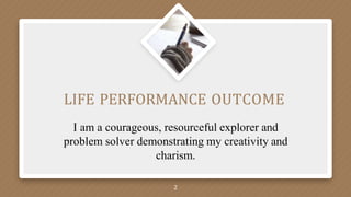 LIFE PERFORMANCE OUTCOME
I am a courageous, resourceful explorer and
problem solver demonstrating my creativity and
charism.
2
 