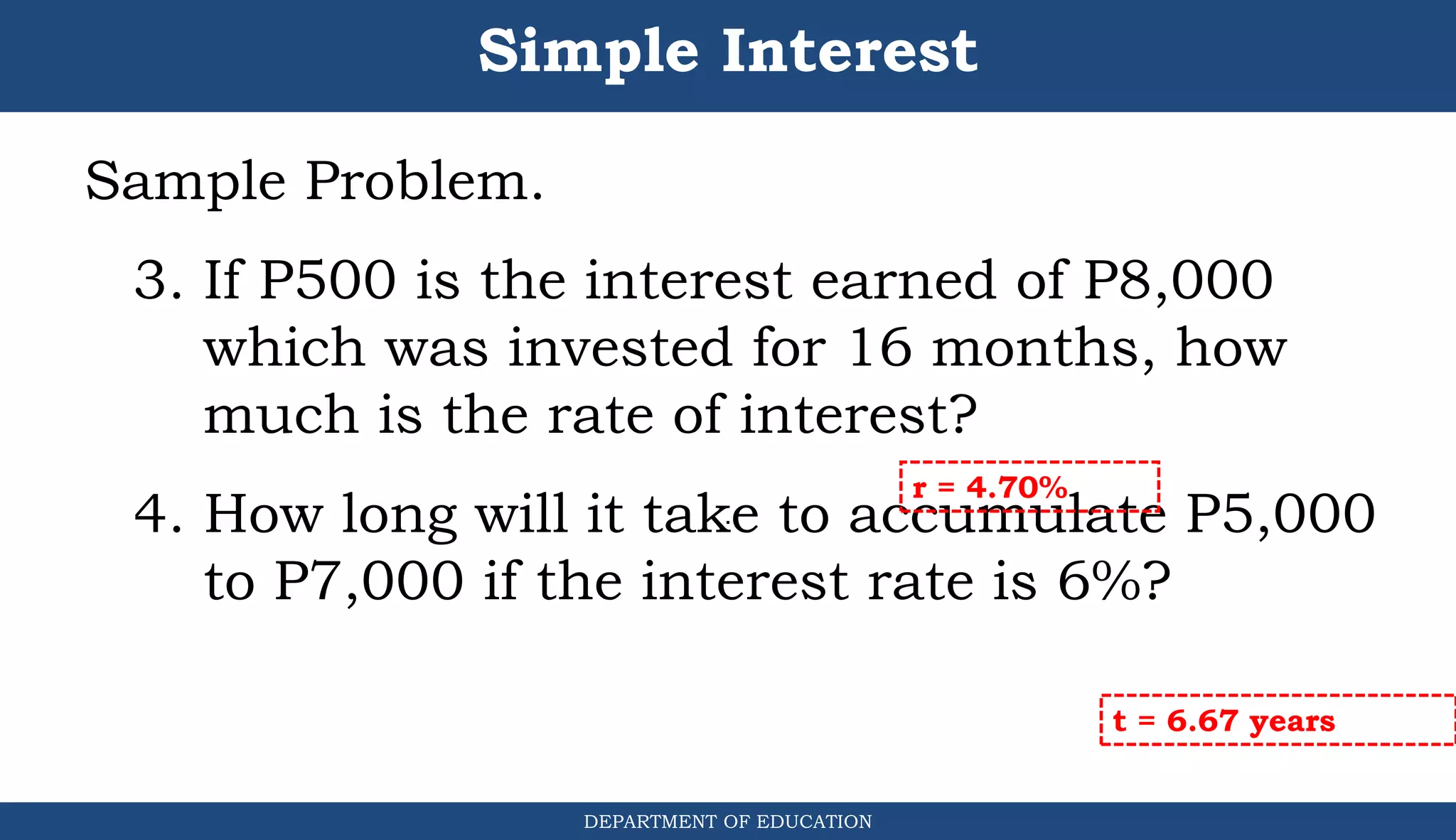 Simple Interest
Sample Problem.
3. If P500 is the interest earned of P8,000
which was invested for 16 months, how
much is the rate of interest?
4. How long will it take to accumulate P5,000
to P7,000 if the interest rate is 6%?
DEPARTMENT OF EDUCATION
.
r = 4.70%
t = 6.67 years
 