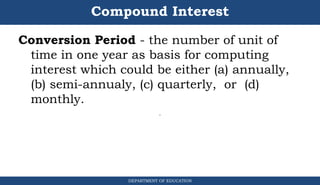 Compound Interest
DEPARTMENT OF EDUCATION
.
Conversion Period - the number of unit of
time in one year as basis for computing
interest which could be either (a) annually,
(b) semi-annualy, (c) quarterly, or (d)
monthly.
 