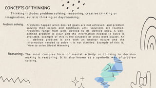 CONCEPTS OF THINKING
Th in ki n g in clu d es p rob l em sol vi ng , re ason i ng , cre ati ve t h in ki ng o r
im ag in at ion , a ut ist ic th in ki n g or d ayd rea min g .
Problem solving . Problems hap pe n w he n d es ire d goals are n ot ac hieved , and p roblem
solving th en oc cu rs an d con tinu es un til s olu tion s are reac he d.
Problems rang e f rom w e ll- de fine d t o ill- d efin ed one s . A we ll-
de fin e d proble m is c le ar an d th e inf ormat ion n ee de d to solve is
av ailable . Example of th is is the sc rab ble or c ros s w ord p uzze l. A n
ill- de fi ne d prob le m is on e w it h an un clear nature an d the
in for mation n ee ded to s olve it is no t clarifie d. Ex ample of t his is ,
“H ow t o s olv e Global Warmin g.
Reasoning . T h e m o st co m pl ex f or m o f m e n ta l a ct iv it y o r t h i n k i n g i n decis io n
m a k in g is rea so n i n g . I t i s a l so k n ow n a s a sy m bo l ic w a y of pro ble m
so lv i n g.
 