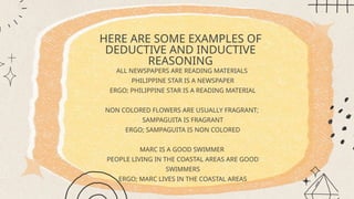 HERE ARE SOME EXAMPLES OF
DEDUCTIVE AND INDUCTIVE
REASONING
ALL NEWSPAPERS ARE READING MATERIALS
PHILIPPINE STAR IS A NEWSPAPER
ERGO; PHILIPPINE STAR IS A READING MATERIAL
NON COLORED FLOWERS ARE USUALLY FRAGRANT;
SAMPAGUITA IS FRAGRANT
ERGO; SAMPAGUITA IS NON COLORED
MARC IS A GOOD SWIMMER
PEOPLE LIVING IN THE COASTAL AREAS ARE GOOD
SWIMMERS
ERGO; MARC LIVES IN THE COASTAL AREAS
 