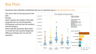 Box Plots
Sometimes also called Box and Whisker plot are an important way to show distributions of data.
The name refers to the two parts of the
plot:
the box,
which contains the median of the data
along with the 1st and 3rd quartiles
(25% greater and less than the median),
and the whiskers,
which typically represents data within
1.5 times the Inter-quartile Range (the
difference between the 1st and 3rd
quartiles).
 