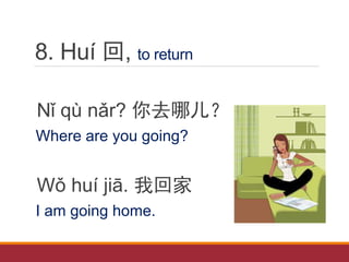 8. Huí 回, to return
Nǐ qù nǎr? 你去哪儿？
Where are you going?
Wǒ huí jiā. 我回家
I am going home.
 