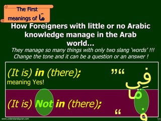 How Foreigners with little or no Arabic knowledge manage in the Arab world… They manage so many things with only two slang ‘words’ !!! Change the tone and it can be a question or an answer !  The First meanings of  مَا   ” مَا فِي“ (It is)  Not in  (there) ; ” فِي“ (It is)  in  (there) ;   meaning Yes! 