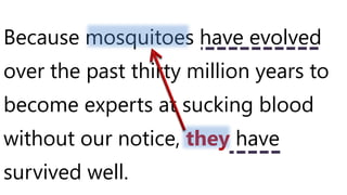 Because mosquitoes have evolved
over the past thirty million years to
become experts at sucking blood
without our notice, they have
survived well.
 