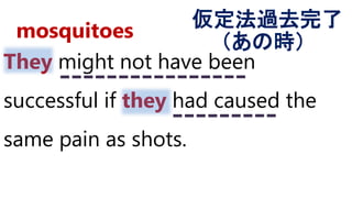 They might not have been
successful if they had caused the
same pain as shots.
仮定法過去完了
mosquitoes
（あの時）
 