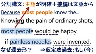 Knowing the pain of ordinary shots,
most people would be happy
if painless needles were invented.
分詞構文：主語が明確＋接続は文脈から
なぜ過去形？
Because most people know the...
⇒仮定法過去：もし（今）
 