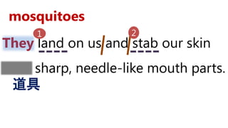 They land on us and stab our skin
with sharp, needle-like mouth parts.
道具
1 2
mosquitoes
 