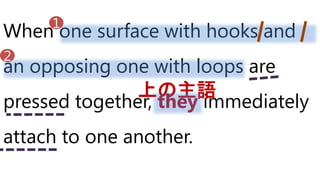 When one surface with hooks and
an opposing one with loops are
pressed together, they immediately
attach to one another.
上の主語
1
2
 