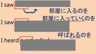 I saw a cat enter the room.
I saw a cat entering
the room.
I heard a cat called
by the owner
部屋に入るのを
部屋に入っていくのを
呼ばれるのを
 