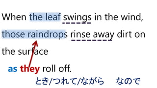 When the leaf swings in the wind,
those raindrops rinse away dirt on
the surface
as they roll off.
とき/つれて/ながら なので
 