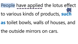 People have applied the lotus effect
to various kinds of products, such
as toilet bowls, walls of houses, and
the outside mirrors on cars.
例
 