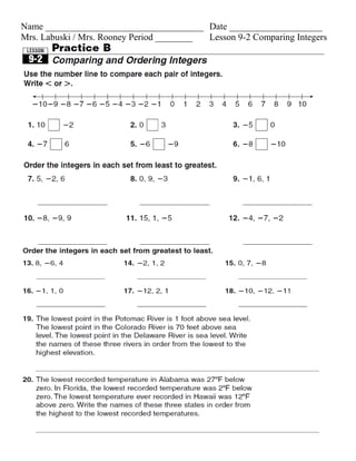 Name __________________________________Date ____________________<br />Mrs. Labuski / Mrs. Rooney Period ________Lesson 9-2 Comparing Integers<br />