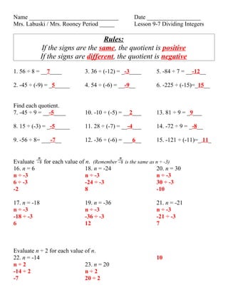 Lesson 9 7 dividing integers | PDF