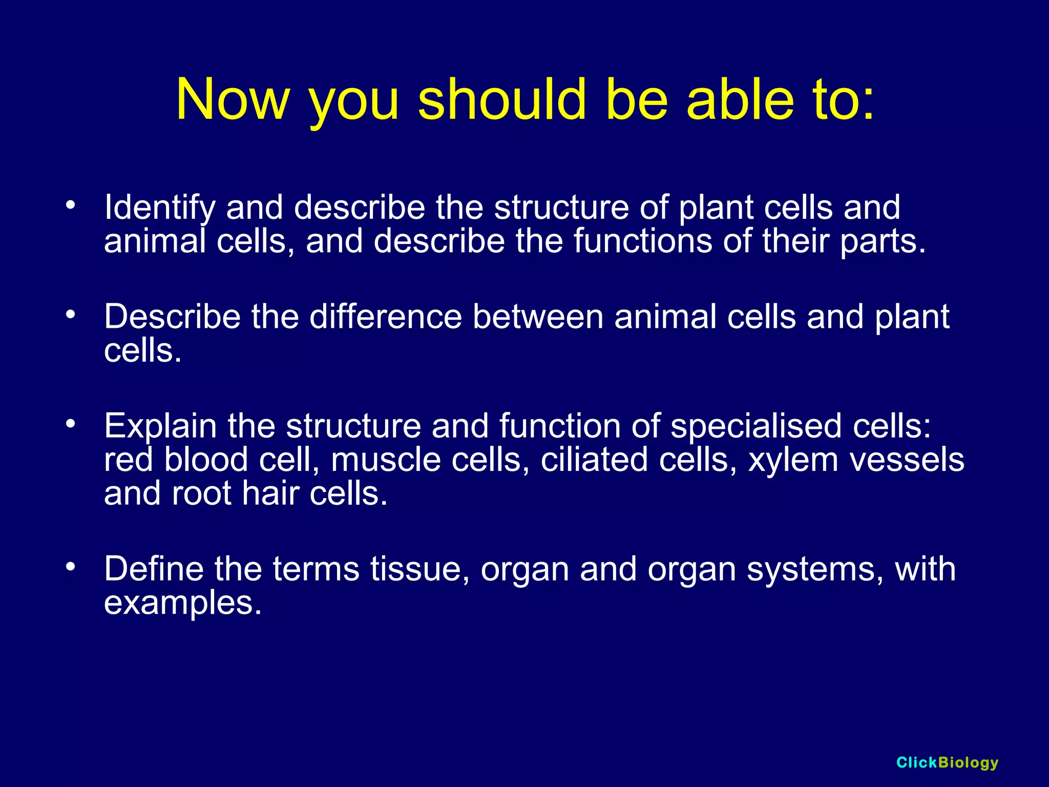 ClickBiology
Now you should be able to:
• Identify and describe the structure of plant cells and
animal cells, and describe the functions of their parts.
• Describe the difference between animal cells and plant
cells.
• Explain the structure and function of specialised cells:
red blood cell, muscle cells, ciliated cells, xylem vessels
and root hair cells.
• Define the terms tissue, organ and organ systems, with
examples.
 