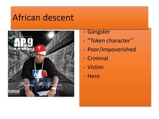 - Gangster
- “Token character’’
- Poor/Impoverished
- Criminal
- Victim
- Hero
African descent
 